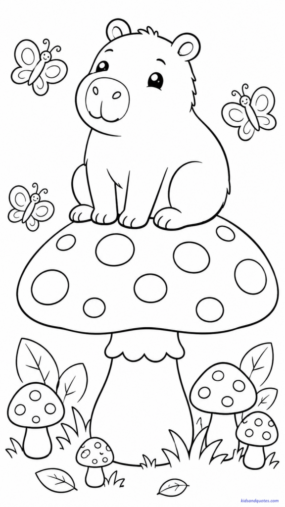 Coloring page of a whimsical capybara perched on a large mushroom.