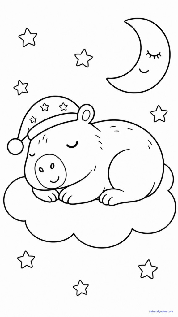 Free Cute Capybara Coloring Page: A sleepy capybara curled up on a soft cloud.