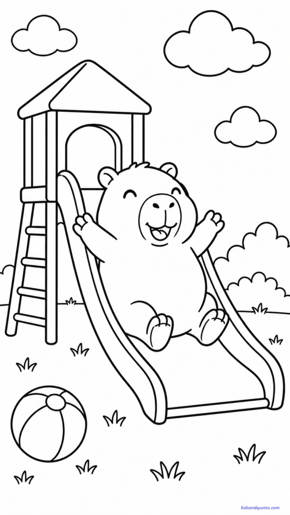 A joyful capybara sliding down a playground slide.