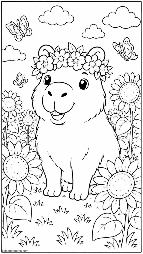 Capybara in a sunflower field wearing a floral wreath crown made of red, white, and blue flowers.