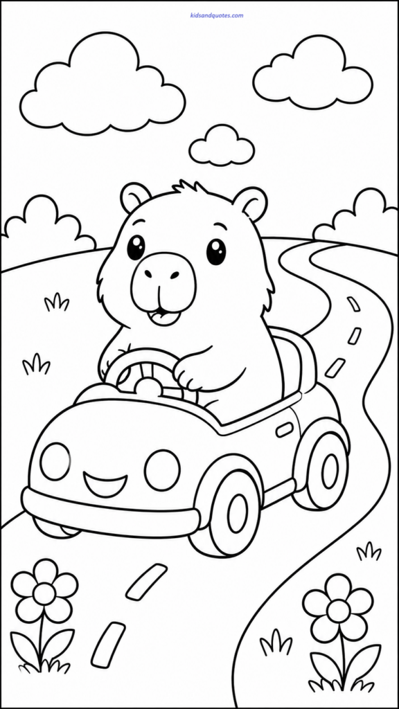 A playful capybara driving a little toy car.