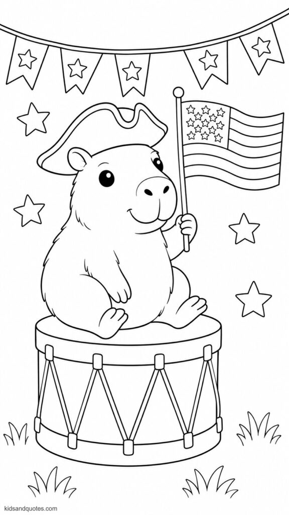 Coloring page of a Capybara wearing a tricorn hat and holding a tiny American flag, seated on a drum.
