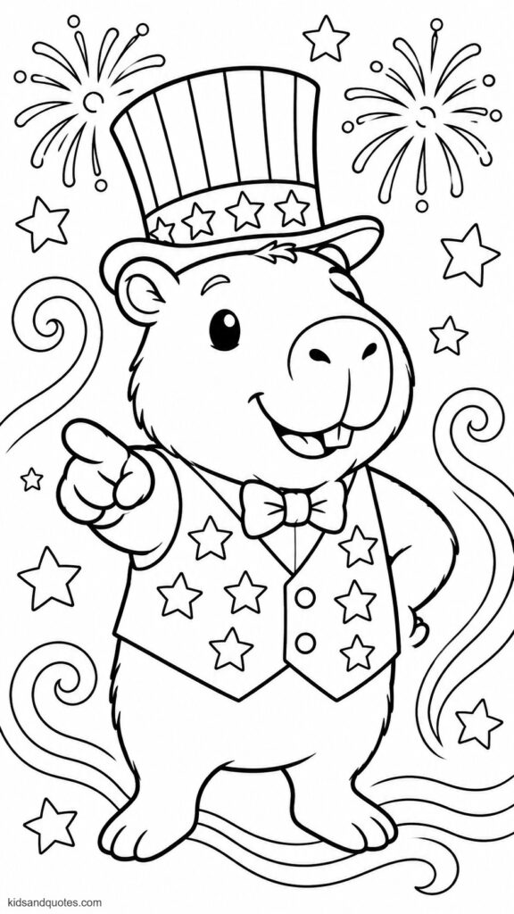 Coloring page of a Capybara dressed as Uncle Sam... tall striped hat, star-spangled vest, pointing outward.
