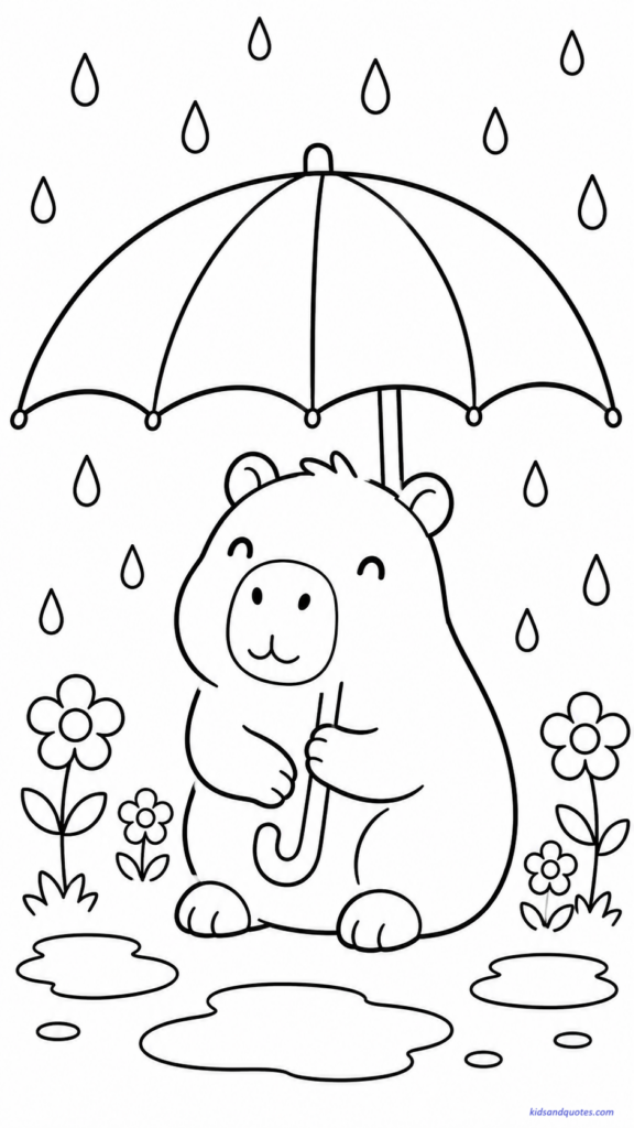 Free printable coloring page of a cozy capybara sitting under a large umbrella in gentle rain.