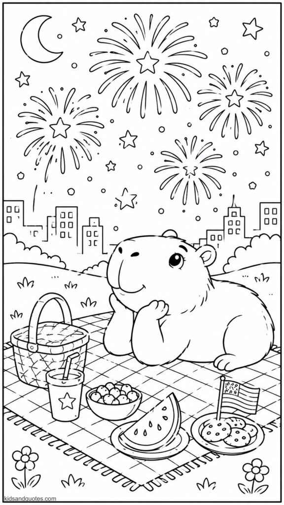 Coloring page of a Capybara lying on a picnic blanket at night, watching fireworks burst overhead, silhouetted against the sky. 