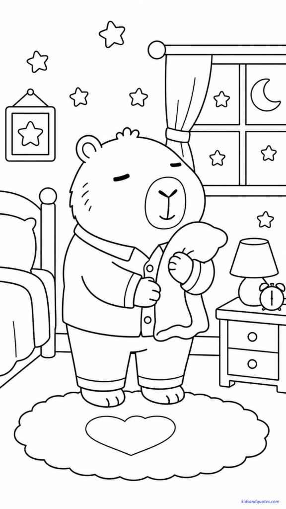 A sleepy capybara in cozy pajamas holding a pillow.