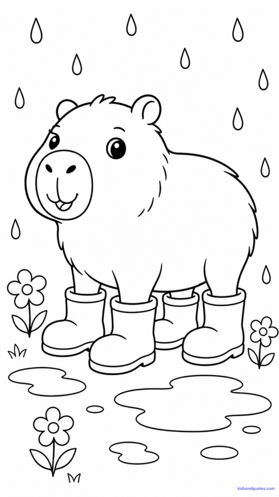 Coloring page of a capybara wearing oversized rain boots after a drizzle.
