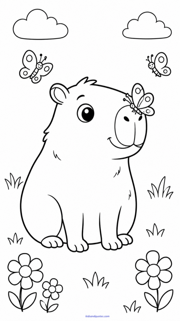 A still, patient capybara with a butterfly resting on its nose.