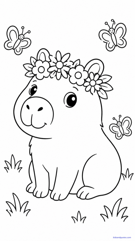 Cute Capybara Coloring Page: A gentle capybara wearing a crown of simple flowers.