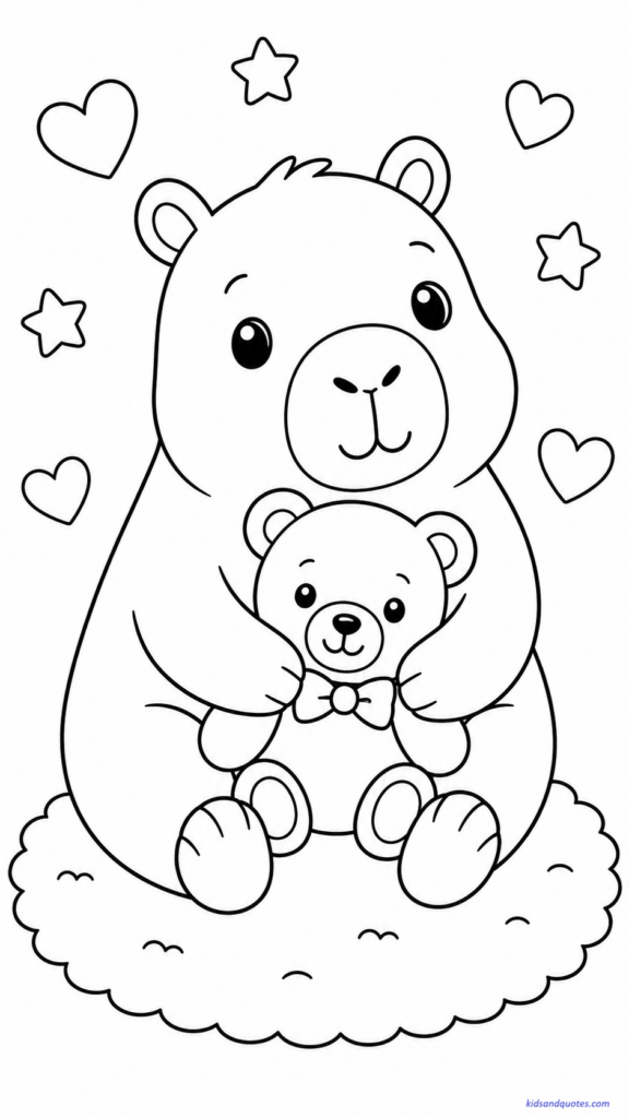 Coloring page of a cuddly capybara hugging a teddy bear.