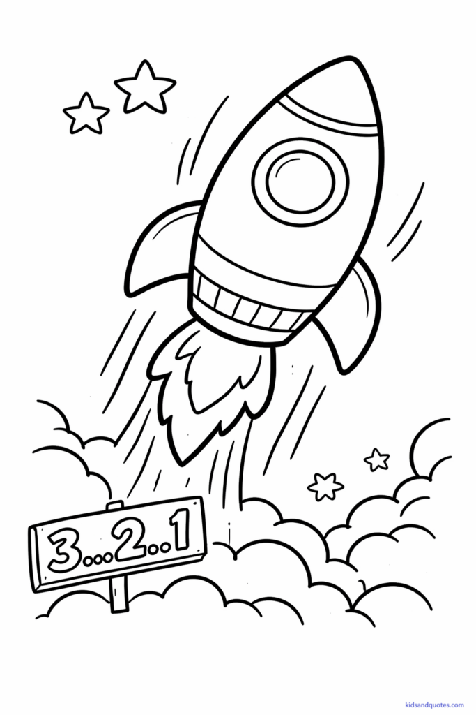 Black-and-white line art of a cartoon-style rocket blasting off into the sky. Big flames, a smoke trail, and playful motion lines. Small countdown numbers near the bottom.