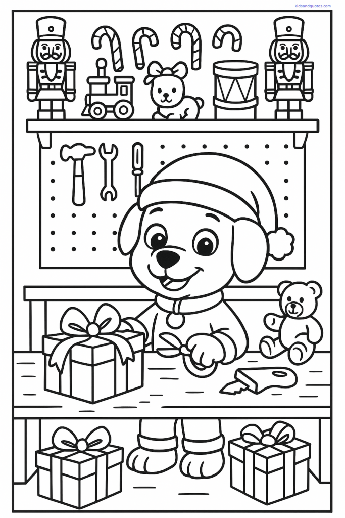 Ready to print coloring page - A workshop with toys, gift boxes, candy-canes. 