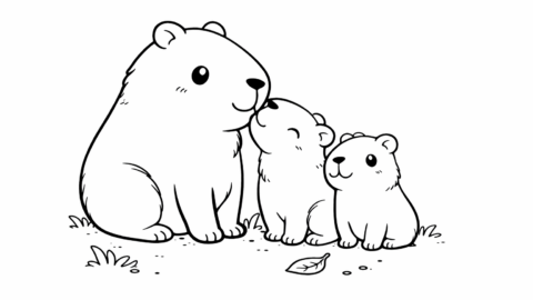 Black-and-white line art of a mother capybara sitting with two baby capybaras, sharing a gentle, affectionate moment in a simple grassy setting.