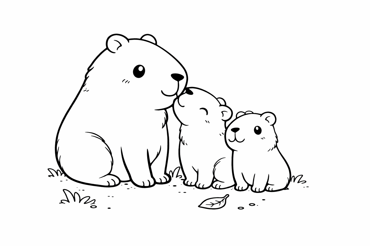 Black-and-white line art of a mother capybara sitting with two baby capybaras, sharing a gentle, affectionate moment in a simple grassy setting.