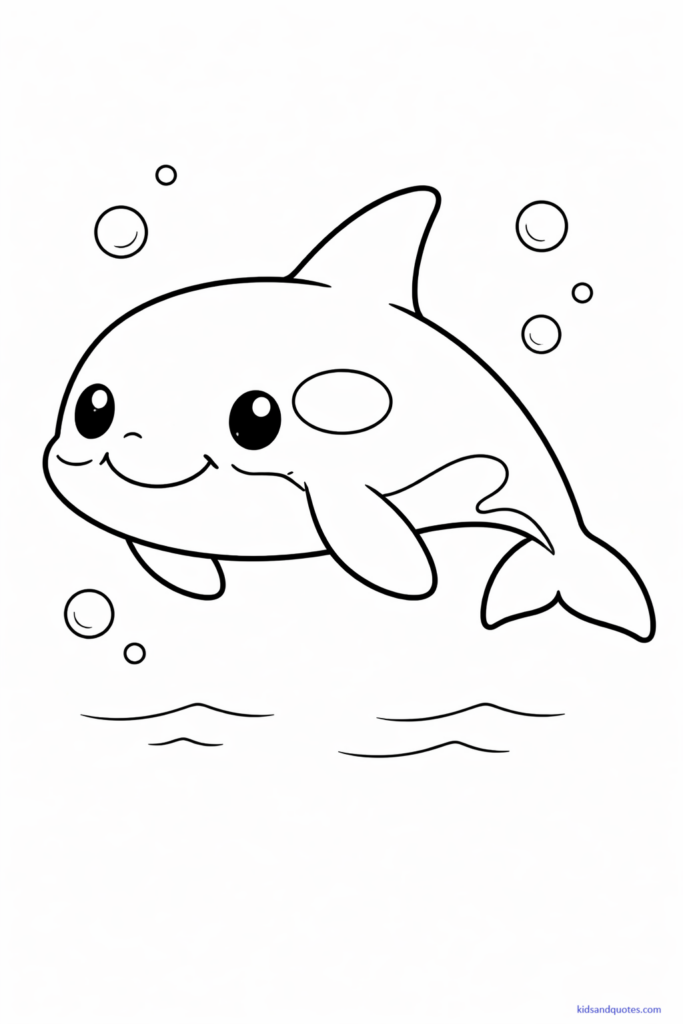 Free Coloring Page: Black-and-white line art of a cute cartoon-style orca whale with rounded features and a friendly expression. Slightly oversized head, smooth curves, and simple fins.