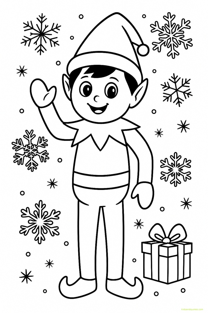 Black-and-white line art of a cute Elf on the Shelf waving hello, standing with one arm raised.