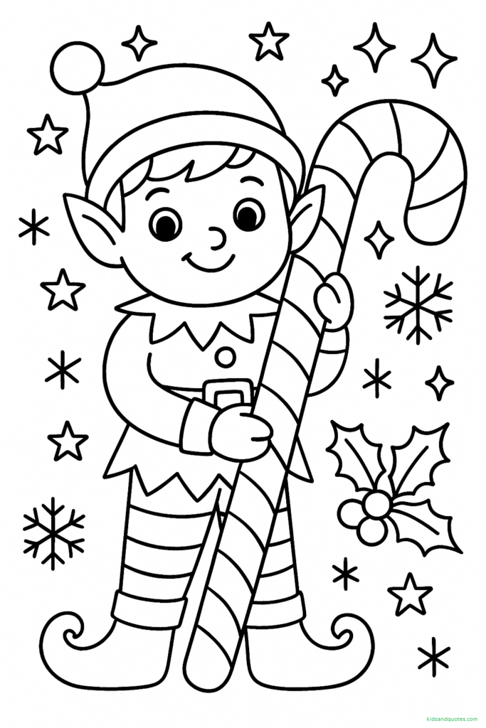 Black-and-white line drawing of a cute elf holding a oversized candy cane.