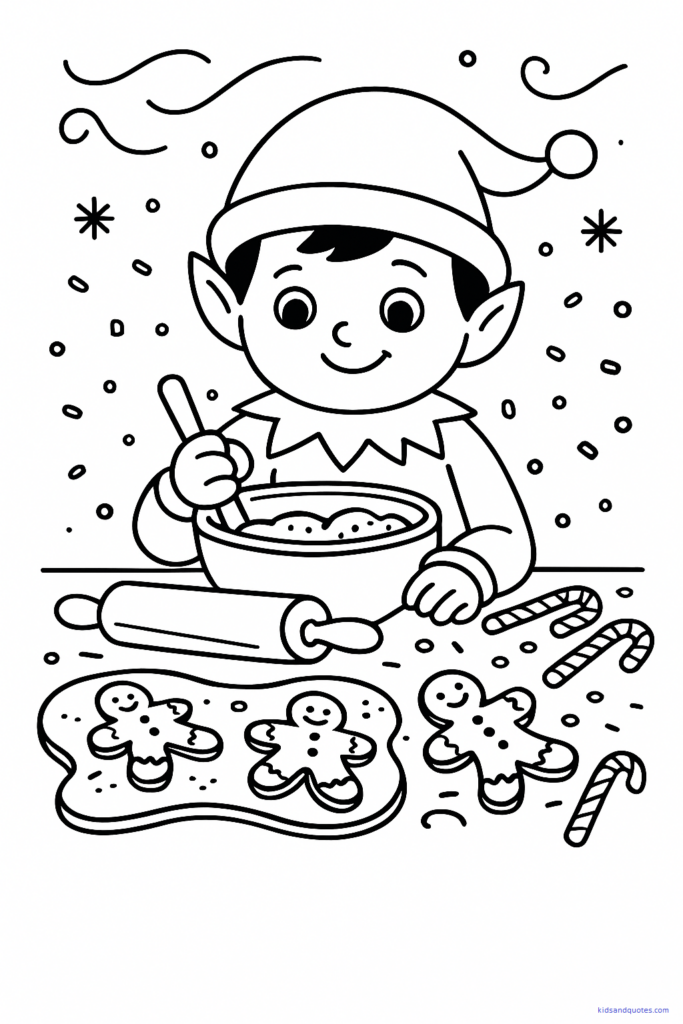 Black-and-white line drawing of a cute elf making Christmas cookies - gingerbread men, rolling pin, mixing bowl, sprinkles, and a few candy canes.