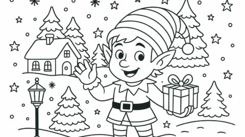 Free elf on the shelf printables - Black-and-white line drawing of a cheerful Christmas elf waving and holding a wrapped gift in a snowy village. Behind elf are cozy cottages, pine trees covered in snow, and a vintage street lamp, with falling snowflakes and stars adding a festive holiday touch.