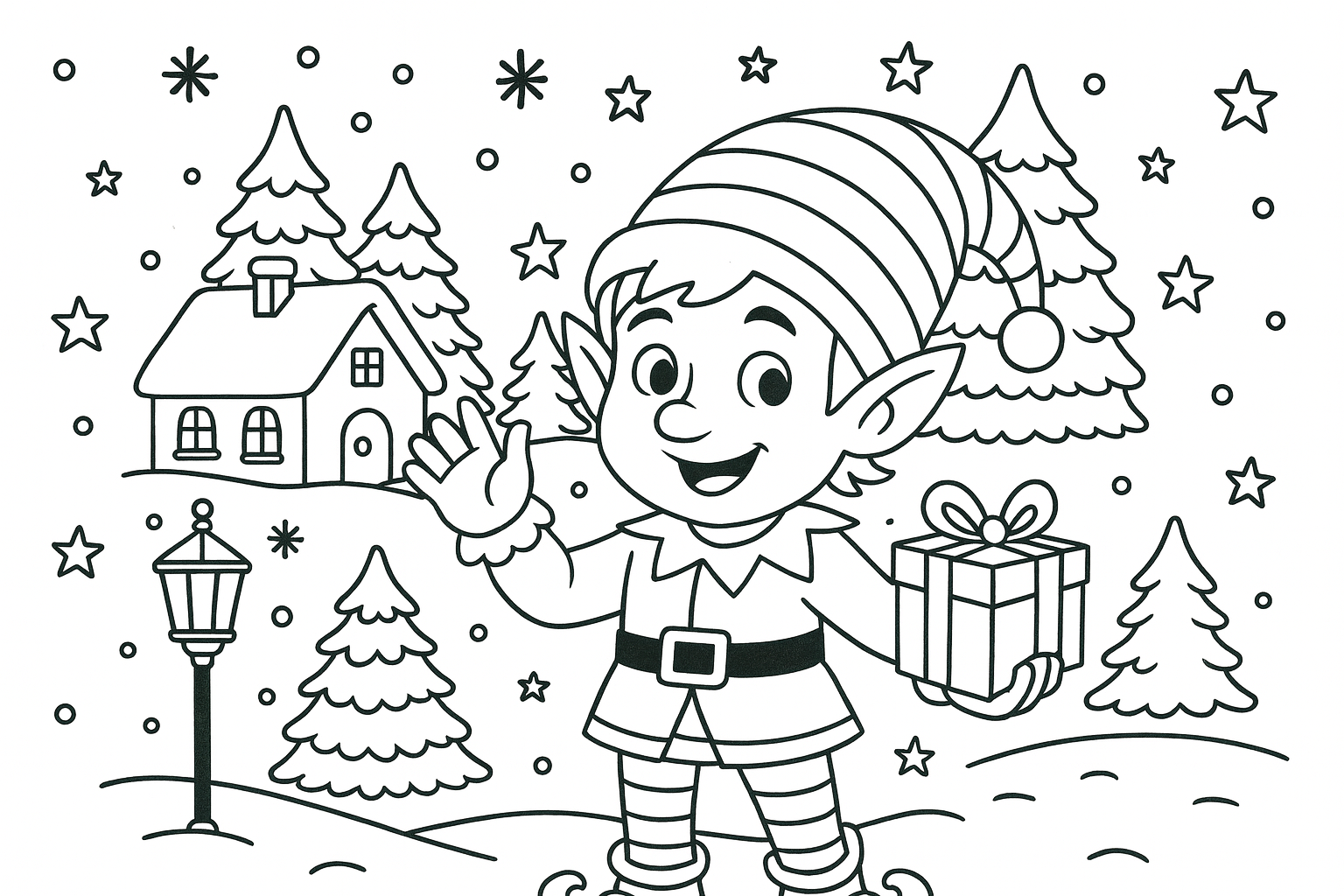 Free elf on the shelf printables - Black-and-white line drawing of a cheerful Christmas elf waving and holding a wrapped gift in a snowy village. Behind elf are cozy cottages, pine trees covered in snow, and a vintage street lamp, with falling snowflakes and stars adding a festive holiday touch.