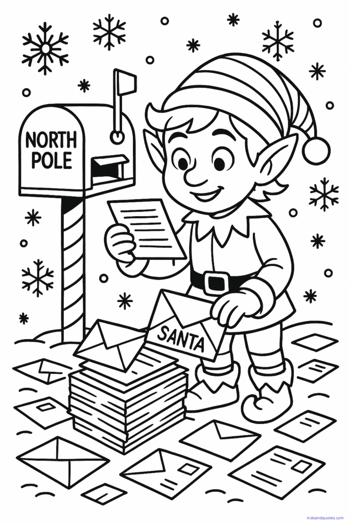 Black-and-white line drawing of an elf organizing Santa’s mail - envelopes, letters, a North Pole mailbox, and simple snowflakes.