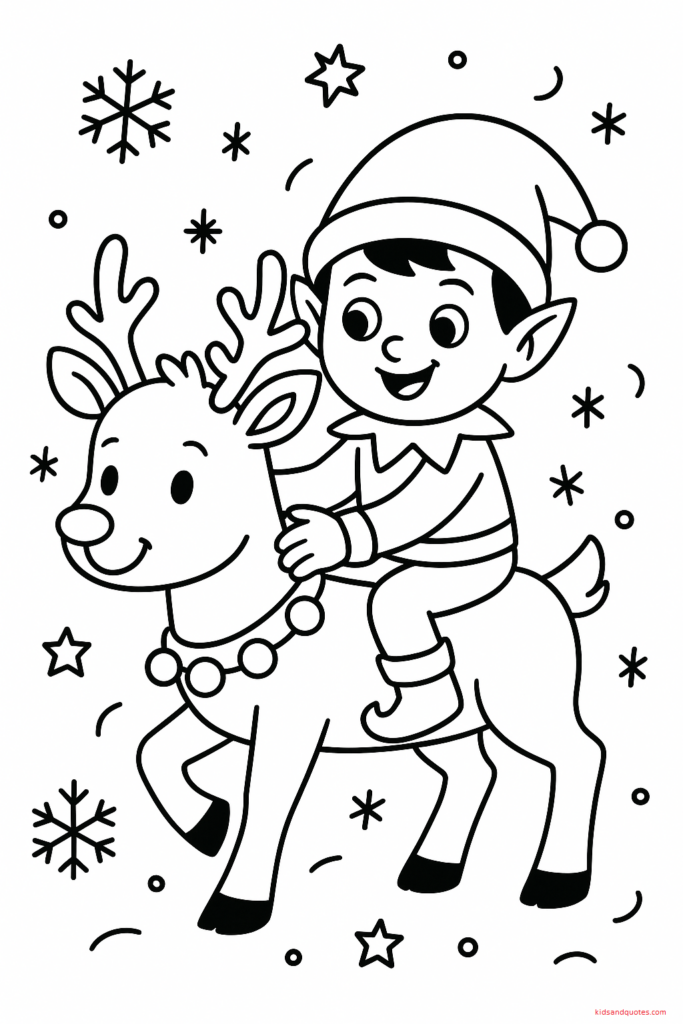 Black-and-white line art of a cute elf riding on a friendly reindeer - snowflakes, stars, and simple winter accents.