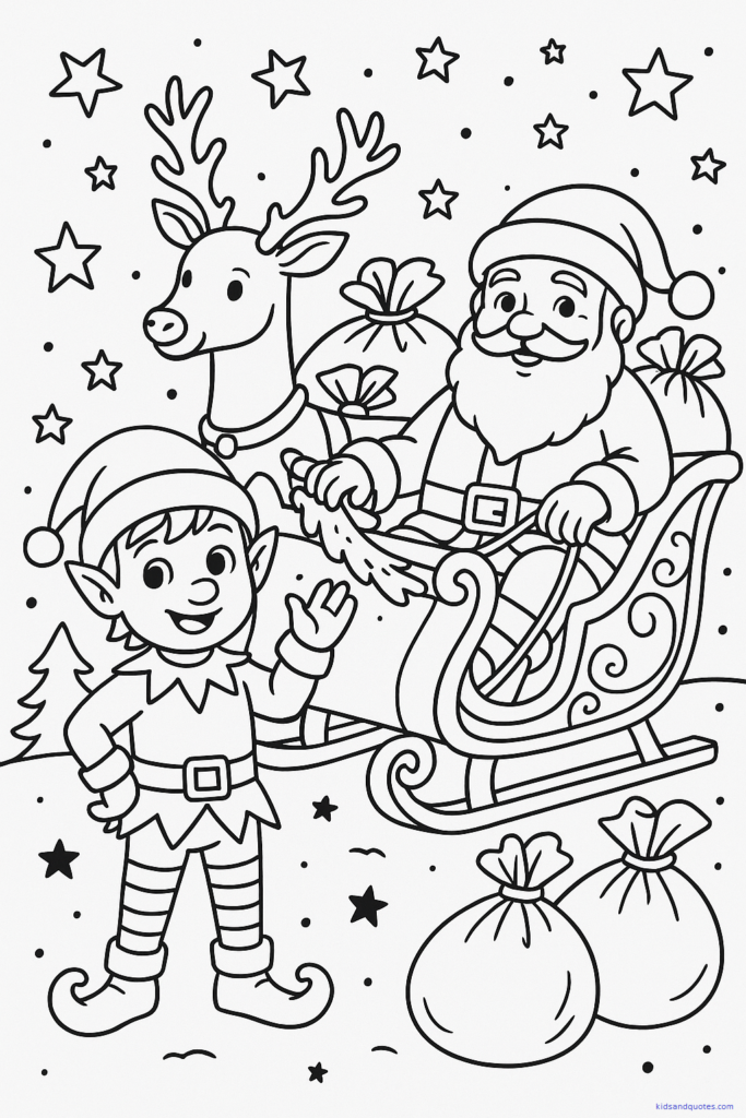 Black-and-white line art of elf standing near Santa and a sleigh with reindeer.