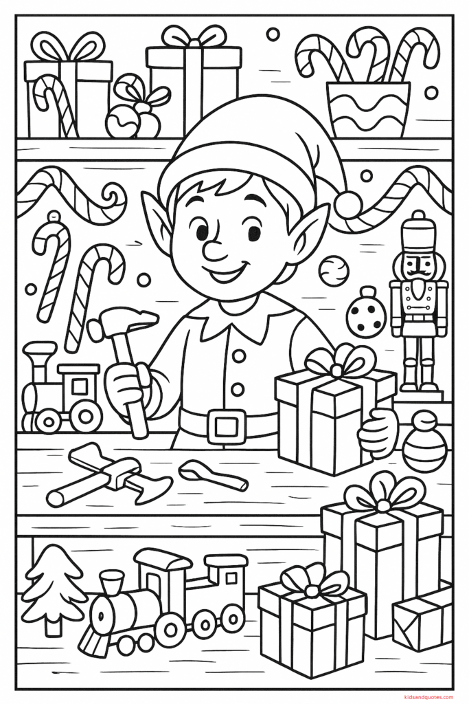 Black-and-white line art of an elf working in Santa’s workshop - toys, tool bench, candy canes, nutcrackers, toy train, and gift boxes.