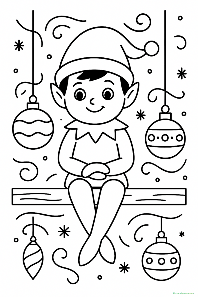 Black-and-white line art of an Elf on the Shelf sitting on a wooden shelf with legs hanging. Ornaments, snowflakes, and soft decorative lines. 