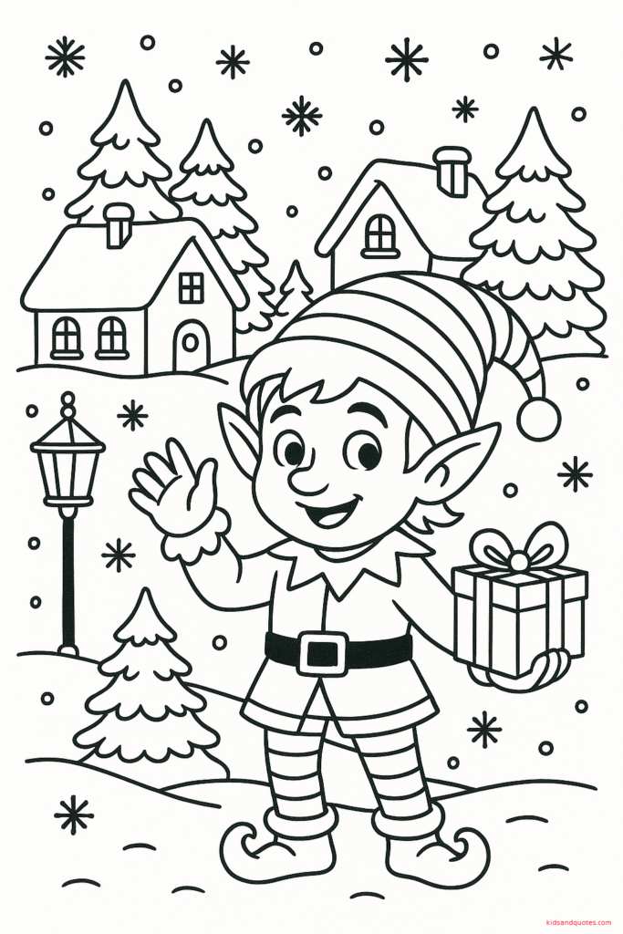 Black-and-white line art of an elf standing in a snowy village - cottages, pine trees, lanterns, snowflakes, and simple rooftops.