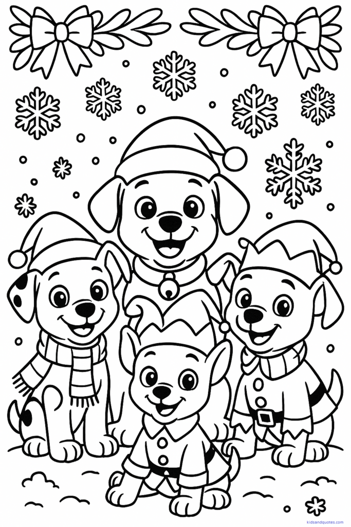 Group of pups dressed as Santa’s helpers... hats, scarves, bells, posing for a holiday photo.