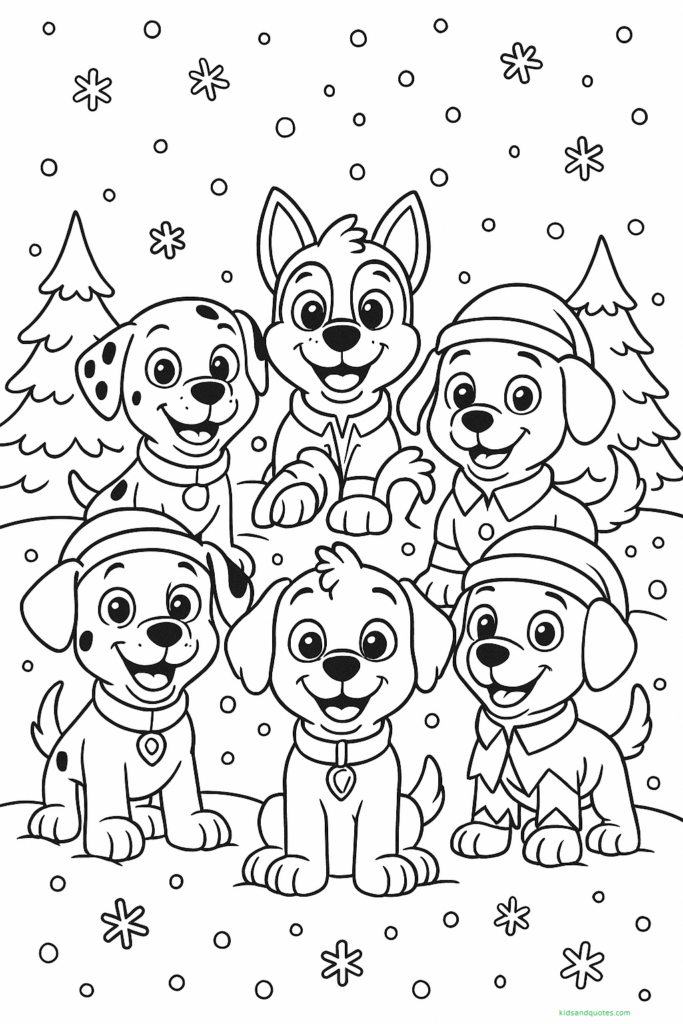 The whole team poses together, smiling beneath falling snow, pine trees in background.