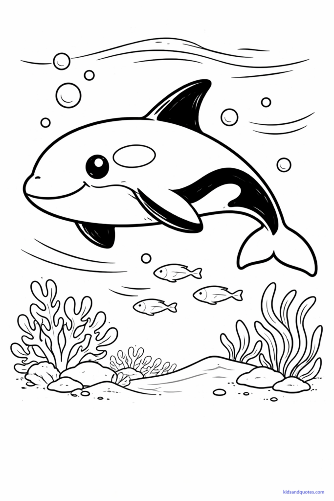 Black-and-white line art of an orca whale swimming underwater. Include bubbles, small fish, and gentle water movement lines.