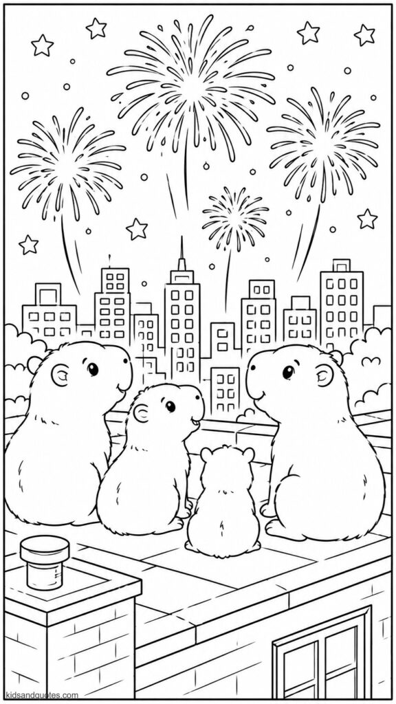 A group of capybaras sitting on a rooftop, city skyline behind them, fireworks exploding in the sky.