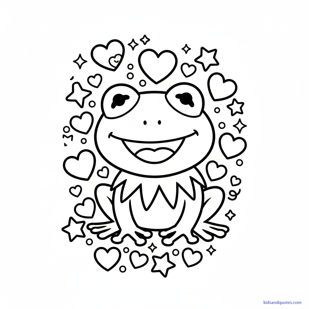 Black-and-white line art of a cute frog character inspired by Kermit the Frog surrounded by hearts, stars, and sparkles. Friendly smile and rounded features.