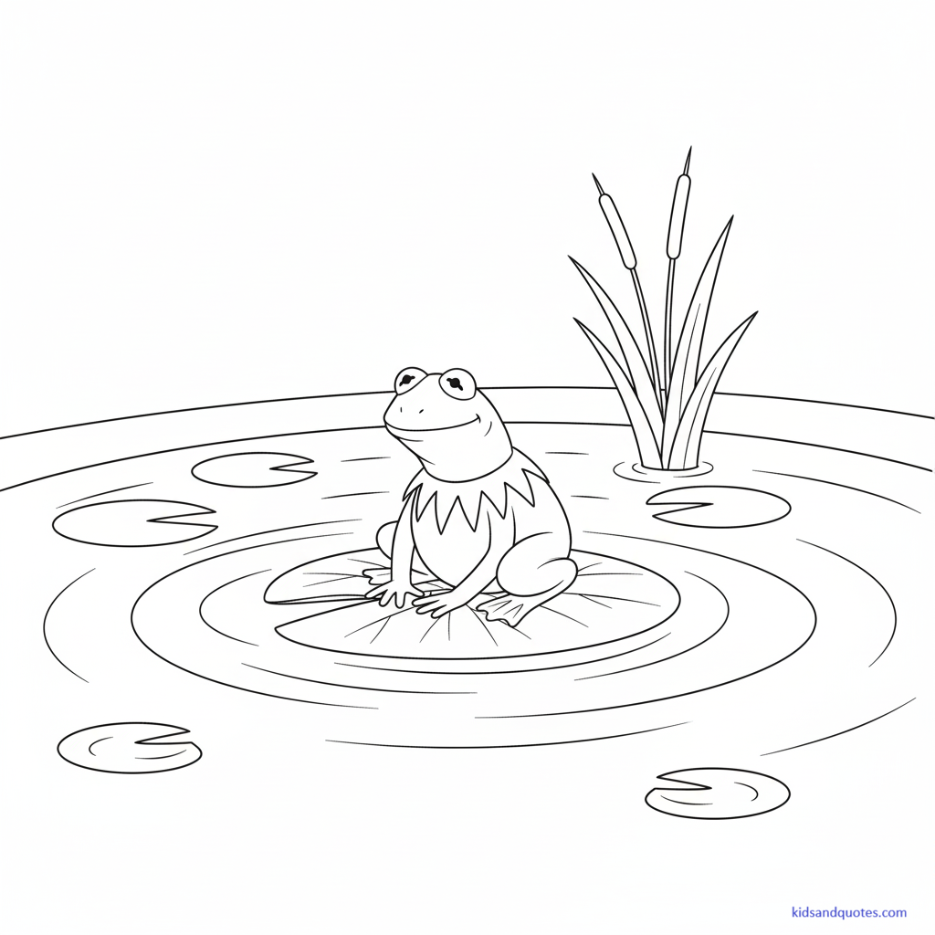 Black-and-white line art of a frog character inspired by Kermit the Frog sitting on a lily pad near a pond. Simple water ripples, reeds, or leaves. 