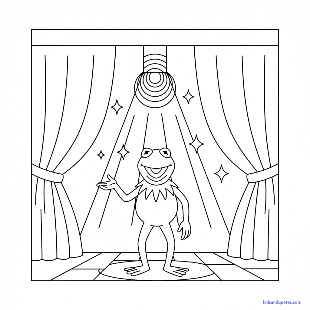 Black-and-white line art of a frog character inspired by Kermit the Frog standing on a simple stage with curtains and a spotlight outline. Friendly pose, welcoming expression.