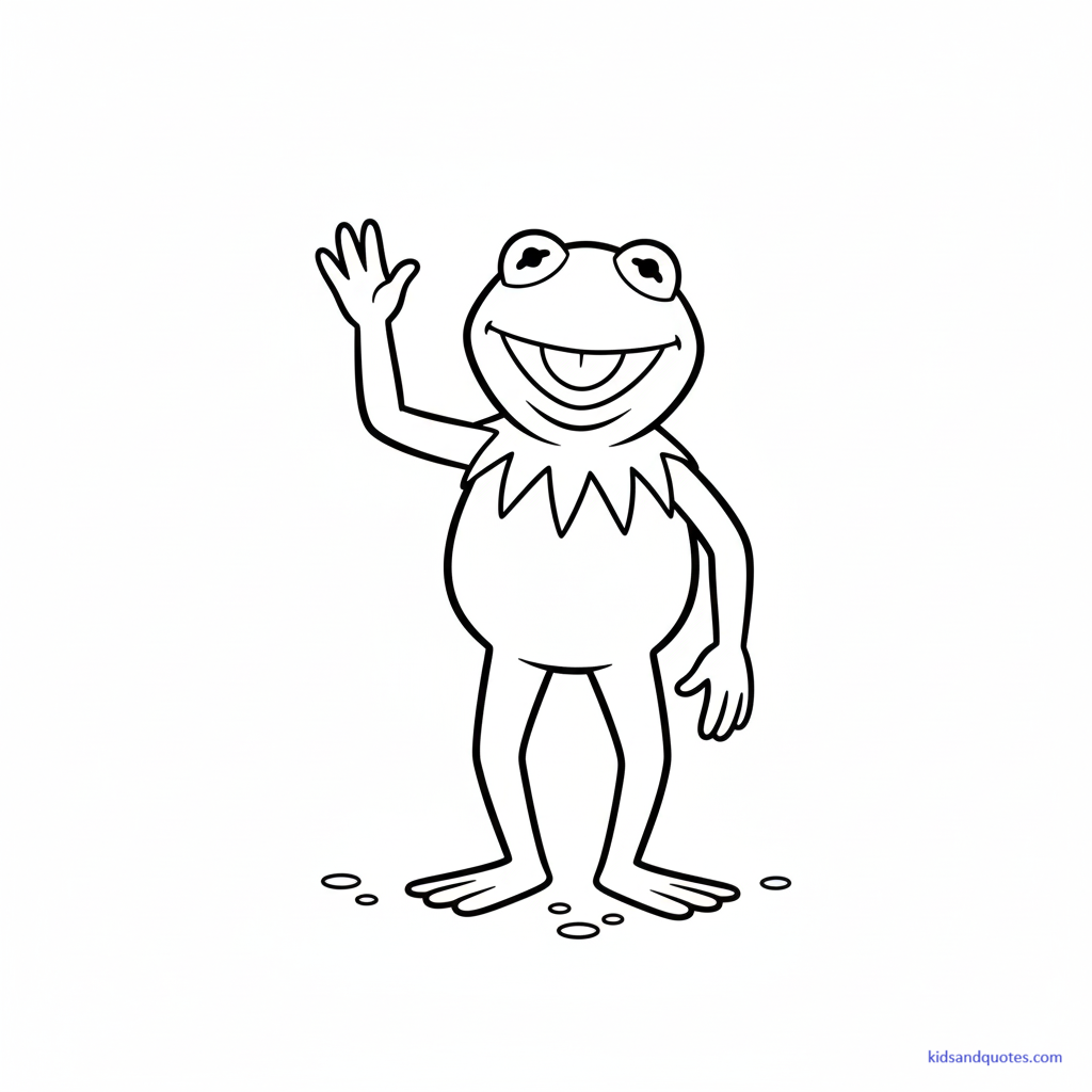 Black-and-white line art of a frog character inspired by Kermit the Frog waving hello with a big friendly smile.
