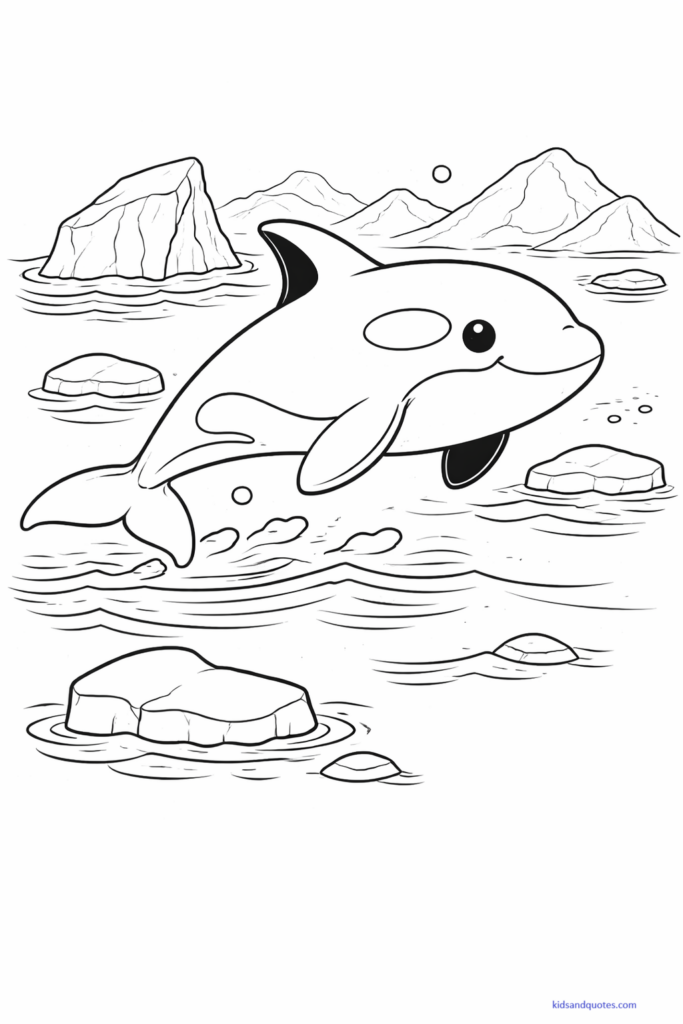 Black-and-white line art of an orca whale swimming in a cold ocean environment. Include ice chunks, gentle waves, and distant icy shapes. 
