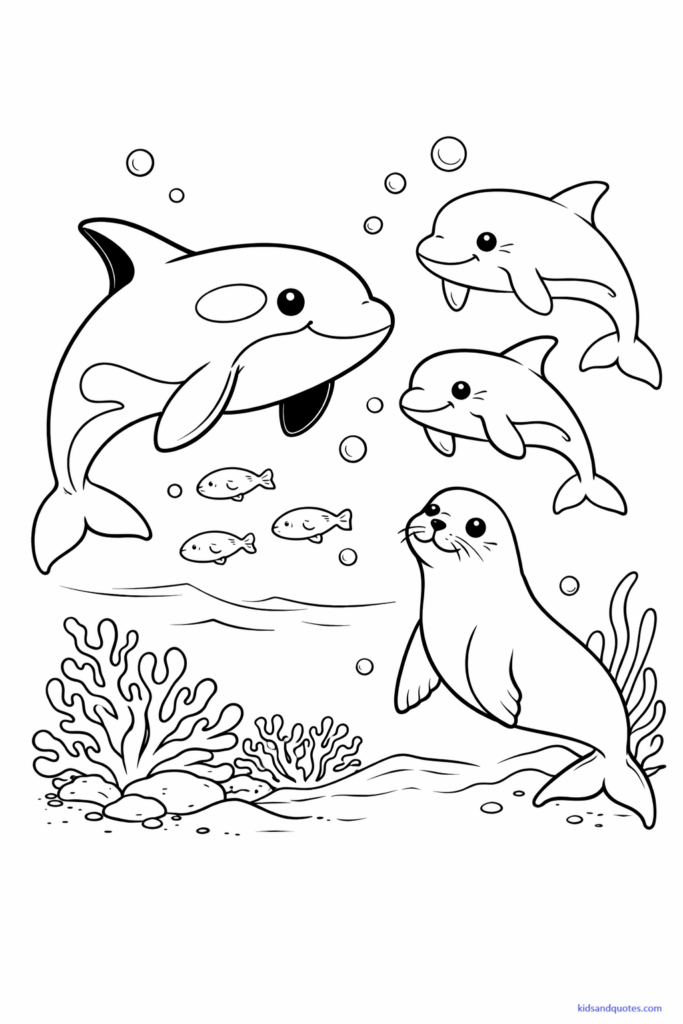 Black-and-white line art of an orca whale swimming alongside friendly ocean animals such as dolphins, fish, or seals.