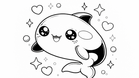 Cute kawaii orca whale coloring page with big sparkling eyes, a smiling face, and rounded fins, surrounded by hearts, stars, and bubbles in black-and-white line art.