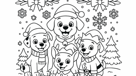 Paw Patrol Christmas Coloring Pages - Black-and-white line art of four cheerful puppies wearing Santa hats and elf outfits, sitting in the snow beneath snowflakes and holiday bows with pine trees in the background.