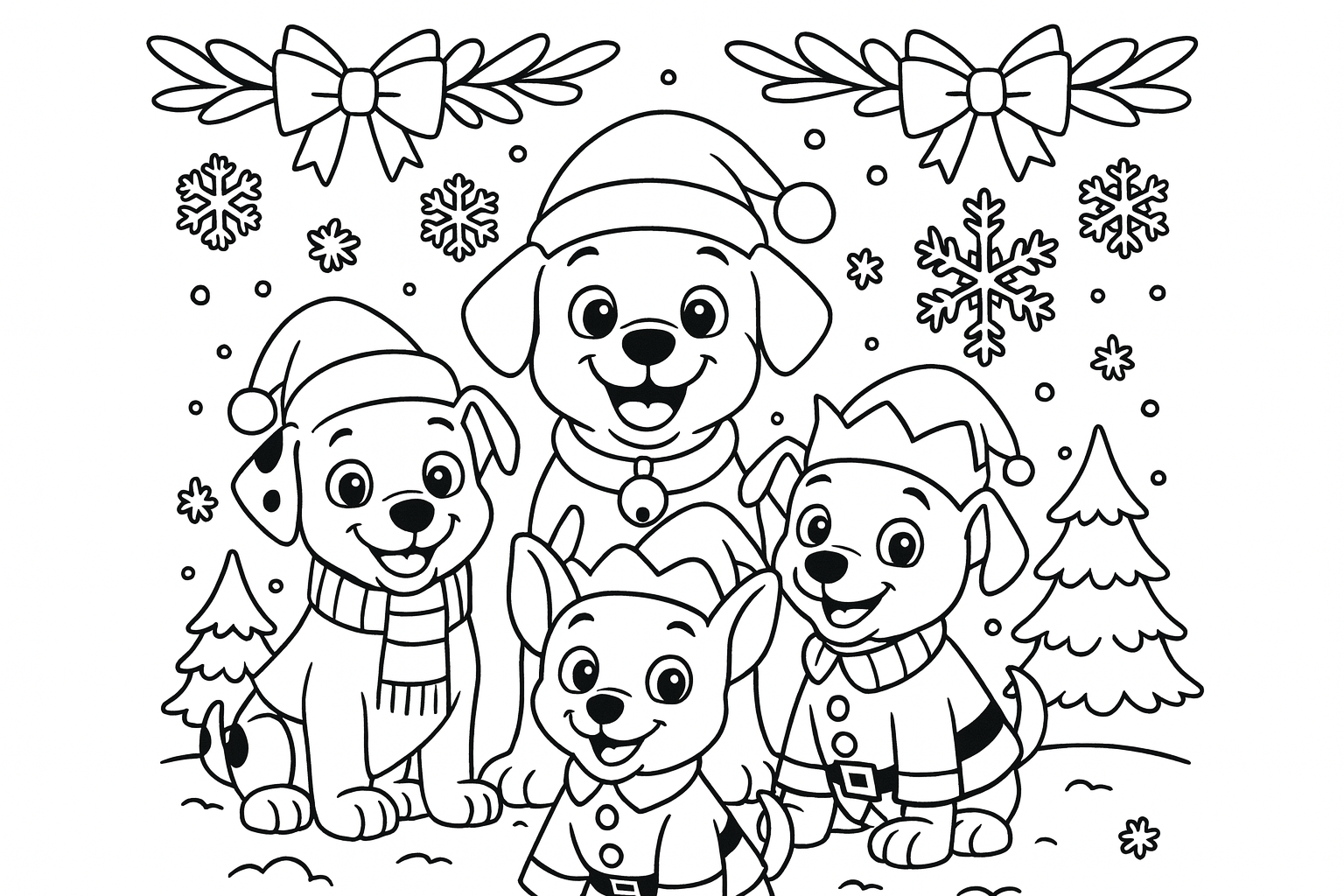 Paw Patrol Christmas Coloring Pages - Black-and-white line art of four cheerful puppies wearing Santa hats and elf outfits, sitting in the snow beneath snowflakes and holiday bows with pine trees in the background.