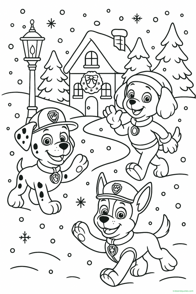 Pups (or a favorite pup) in a winter village scene.... cottages, lanterns, snowflakes, pine trees, gentle snowfall, a serene holiday backdrop.