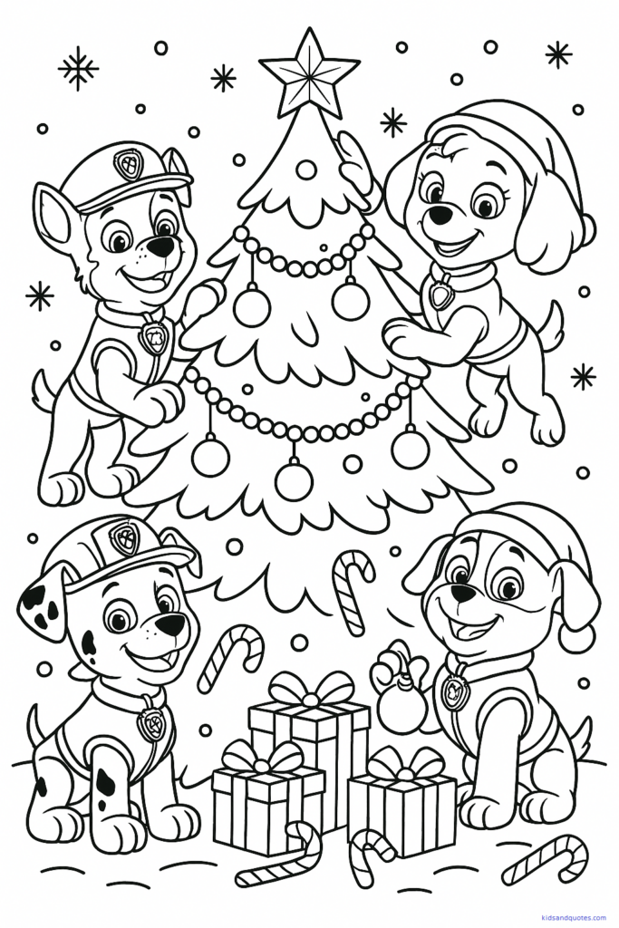 Free Printable PDF - Pups gathered around a Christmas tree, adding ornaments, lights. 
