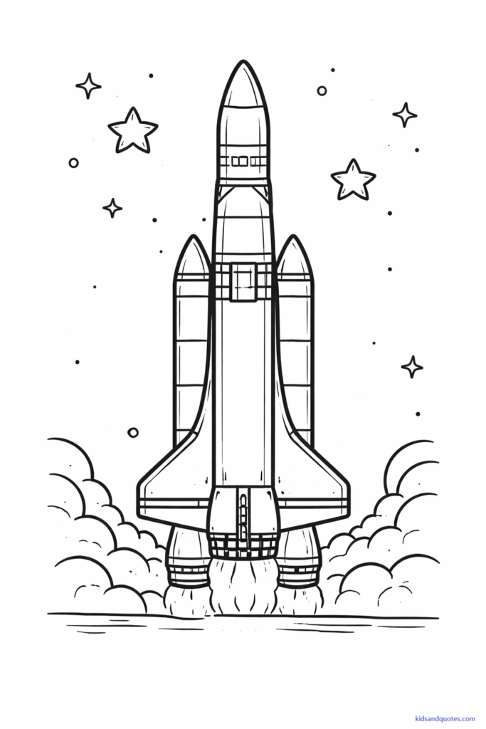 Free Rocket Coloring Page: Black-and-white line art of a tall, realistic rocket inspired by real space missions. Boosters, fins, fuel sections, and a pointed nose cone. Minimal background details for focus.