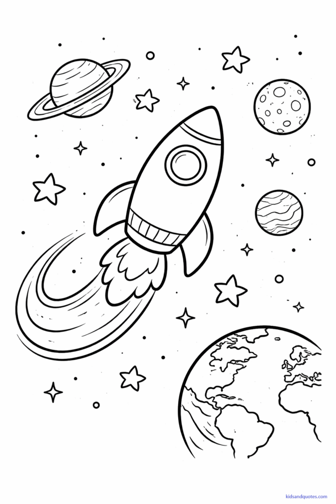Black-and-white line art of a rocket flying through outer space. Stars, planets, the Moon, and Earth in the background. Rocket centered with a curved flight path.