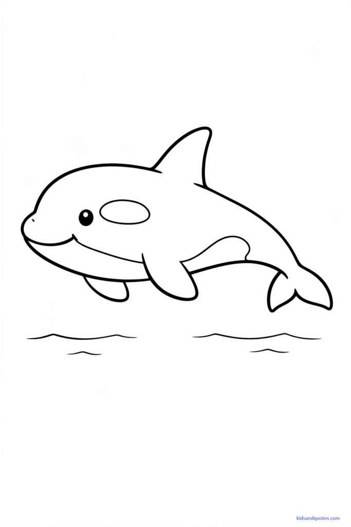 Black-and-white line art of a simple orca whale with large rounded shapes and minimal details.