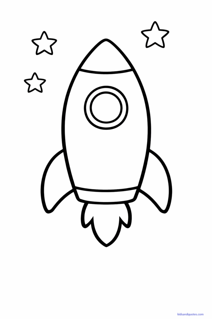 Black-and-white line art of a simple rocket with large, rounded shapes and minimal details.