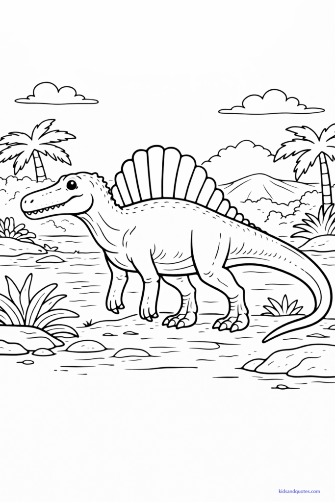 Black-and-white line art of a Spinosaurus standing in a prehistoric environment with palm-like plants, rocks, and distant hills. 